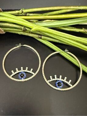 Pave Crystal Silver-tone Evil Eye Large Hoop Earrings